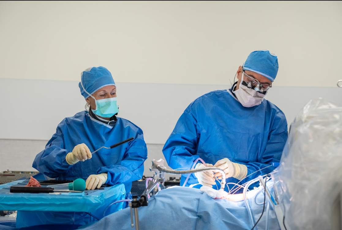 Spine surgery in progress in the operating room